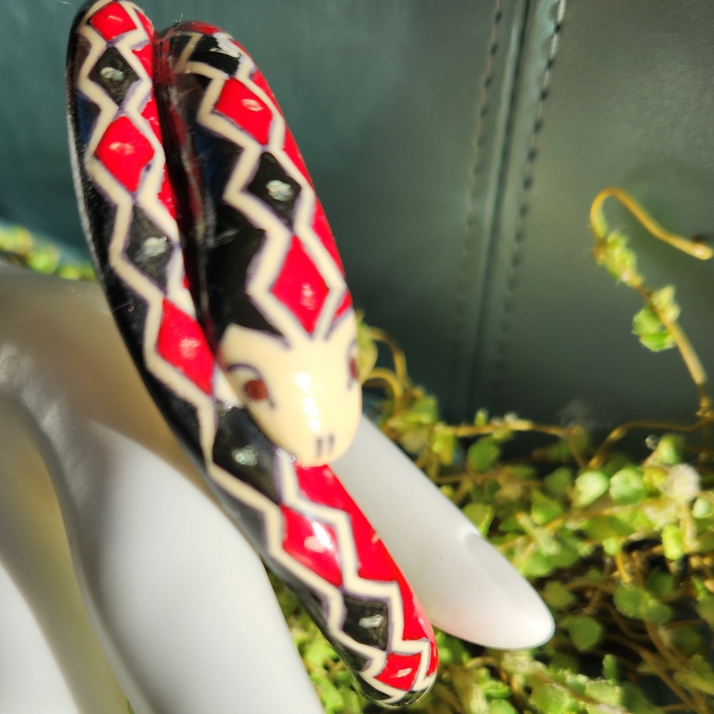 20s SNAKE Serpent Cuff Bangle Art Deco Ivorine Harlequin Handpainted Bracelet - Picture 3 of 16